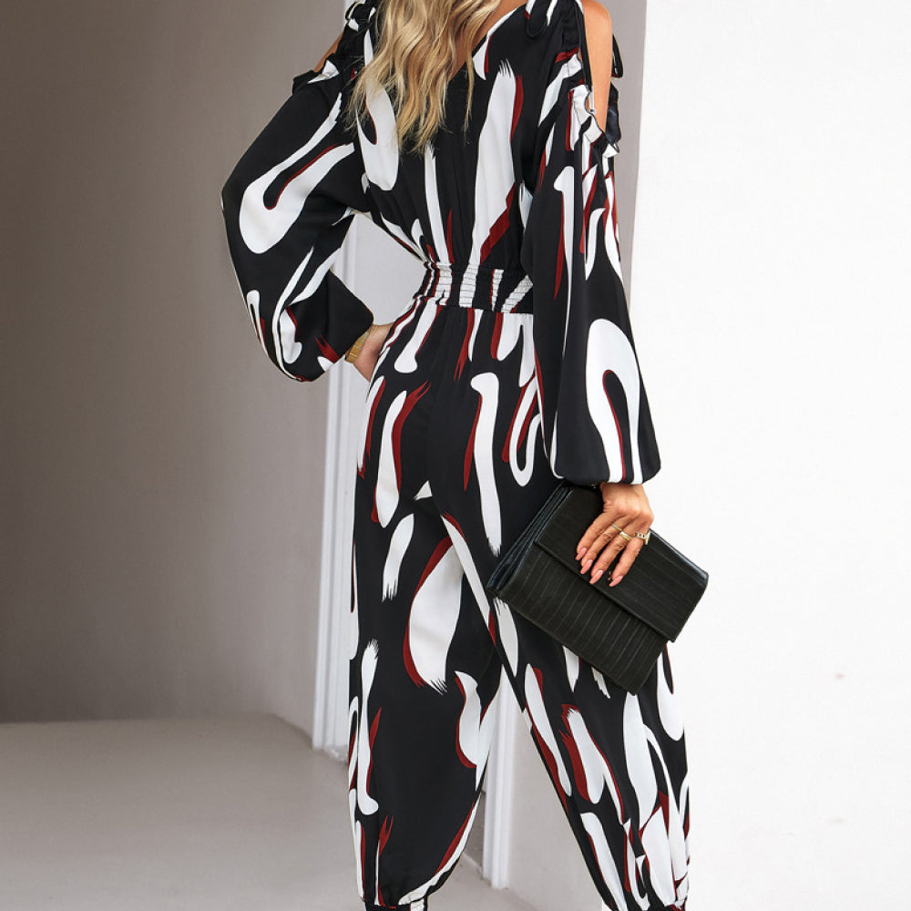 
                      
                        Printed Cold-Shoulder Surplice Neck Jumpsuit
                      
                    