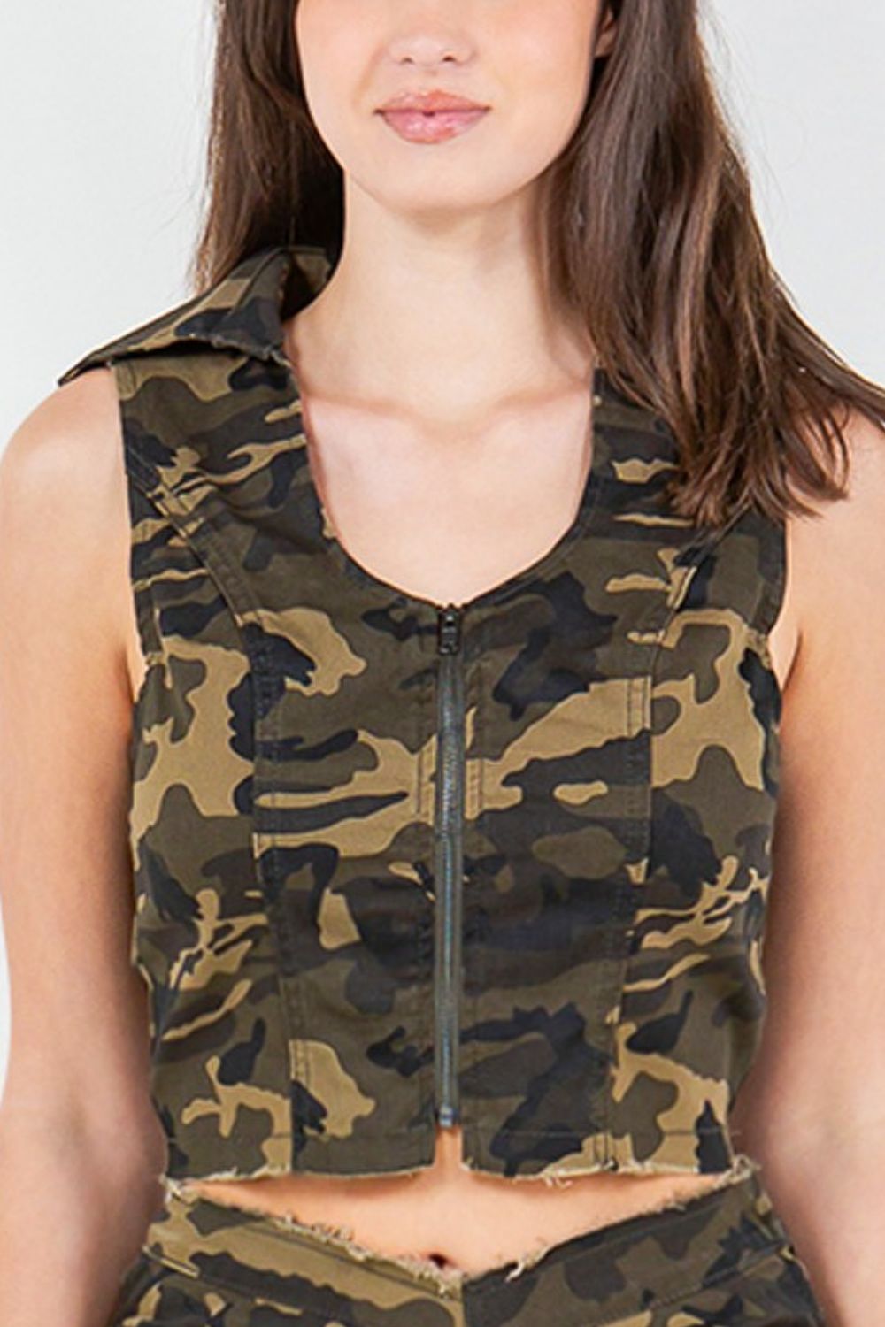 Zip Up Camo Crop Denim Vest