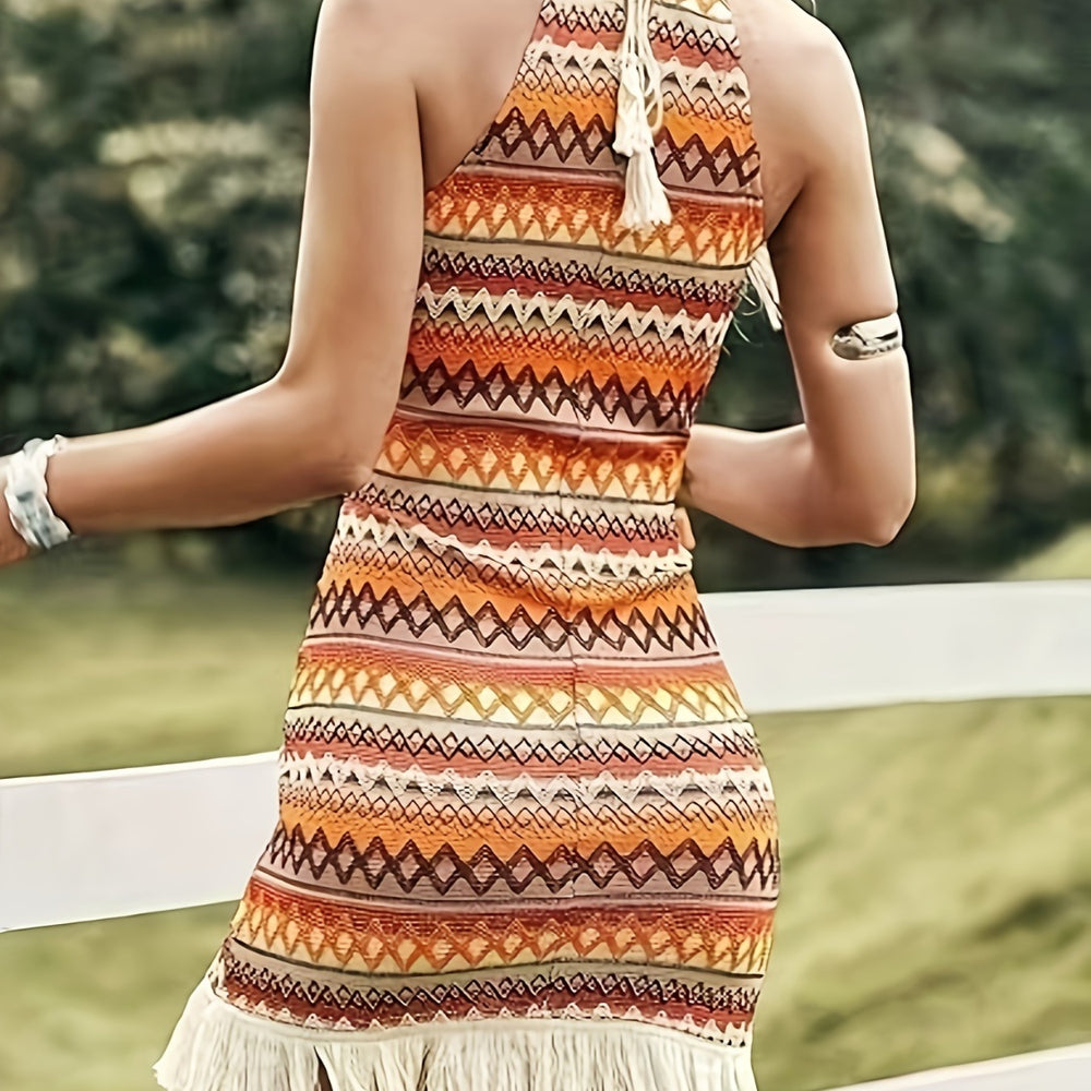 Full Size Fringe Grecian Neck Dress