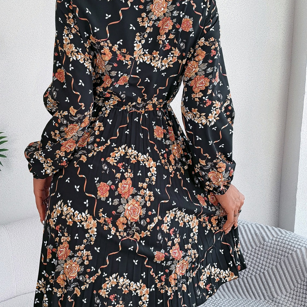 
                      
                        Pleated Printed-Tie Neck Long Sleeve Dress
                      
                    