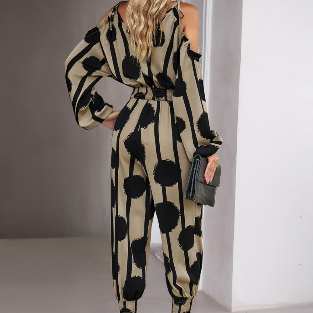 
                      
                        Printed Cold-Shoulder Surplice Neck Jumpsuit
                      
                    