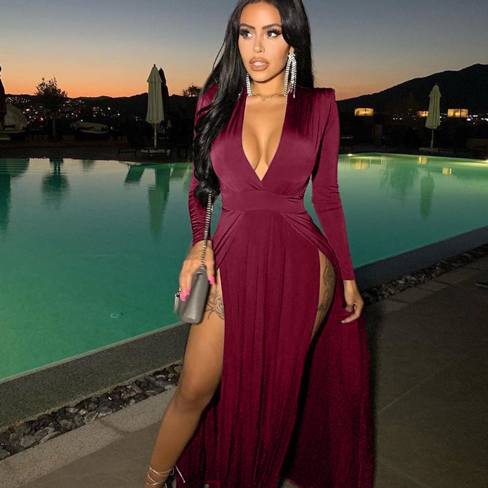 Slit Plunge Long Sleeve Dress