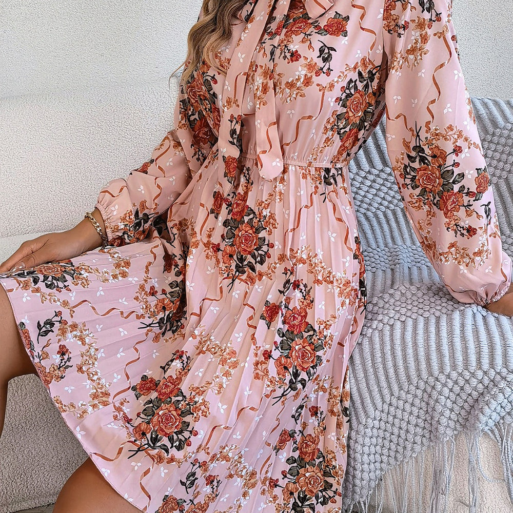 
                      
                        Pleated Printed-Tie Neck Long Sleeve Dress
                      
                    