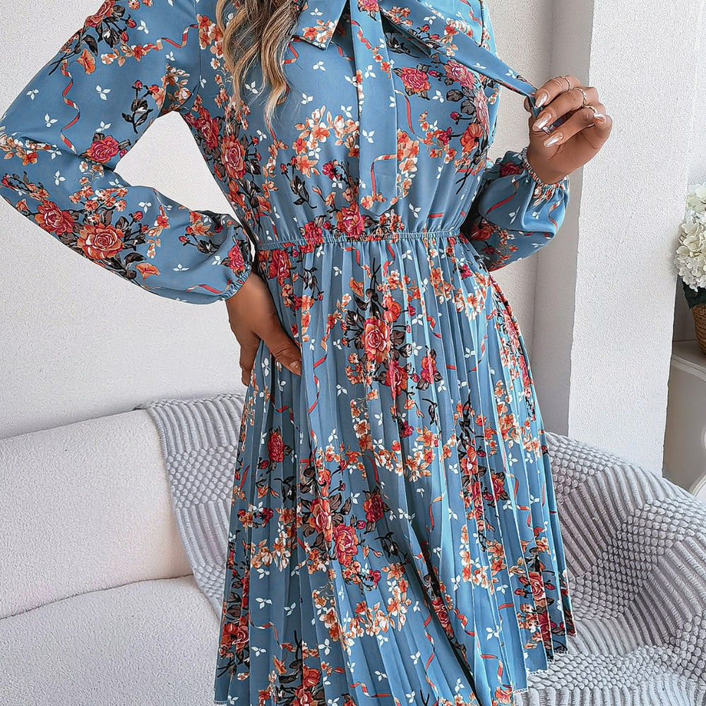 
                      
                        Pleated Printed-Tie Neck Long Sleeve Dress
                      
                    