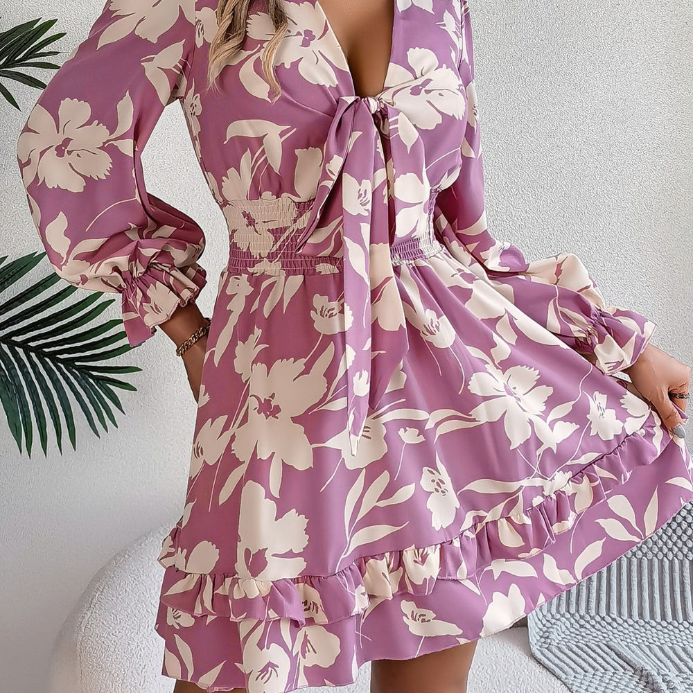 
                      
                        Tied Ruffled Printed Long Sleeve Dress
                      
                    