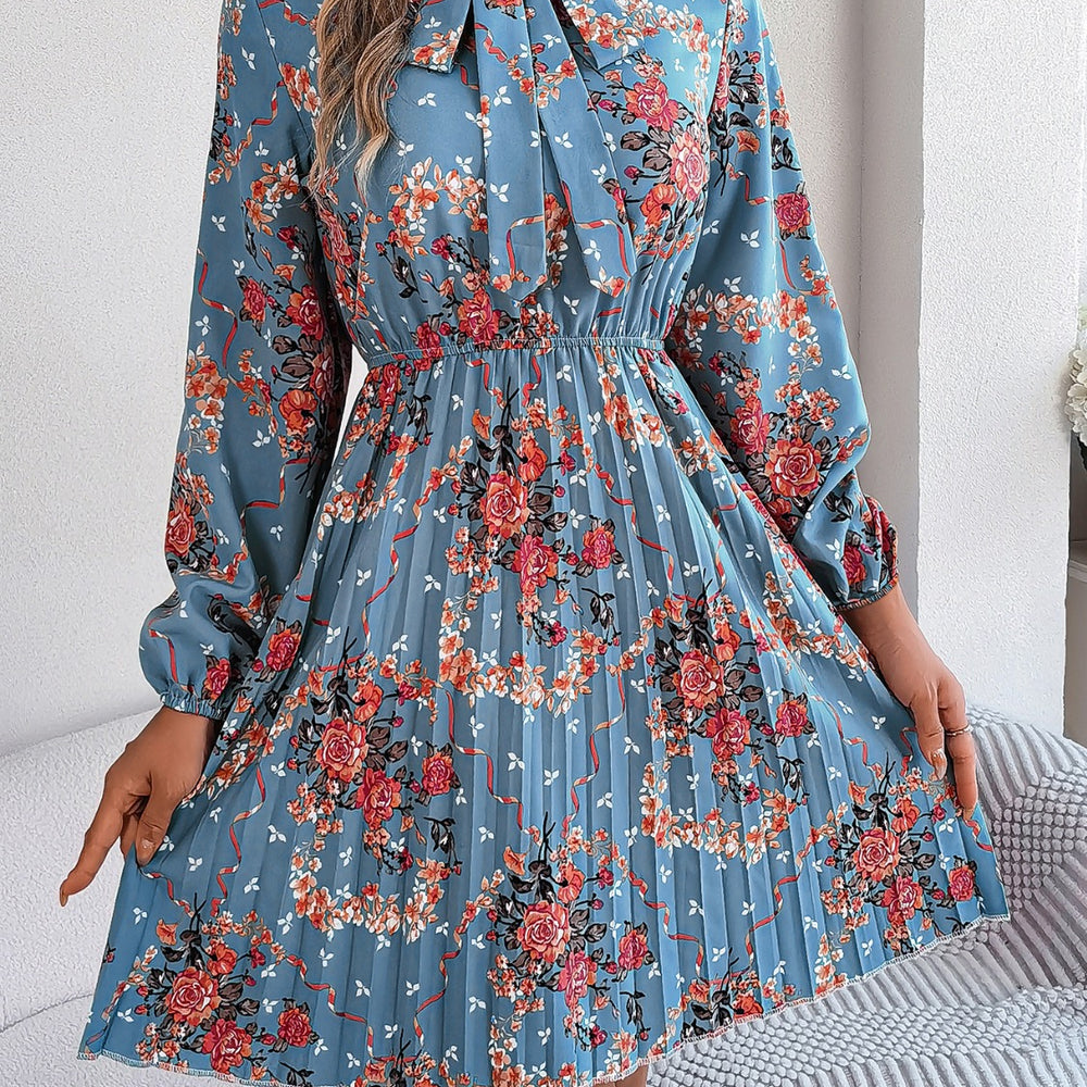 
                      
                        Pleated Printed-Tie Neck Long Sleeve Dress
                      
                    