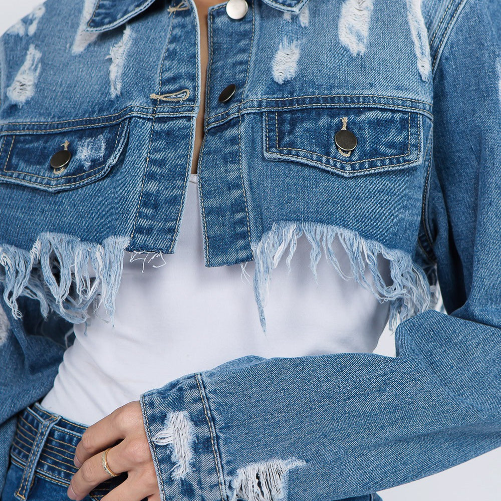 
                      
                        Distressed Denim Jacket with Frayed Hem
                      
                    