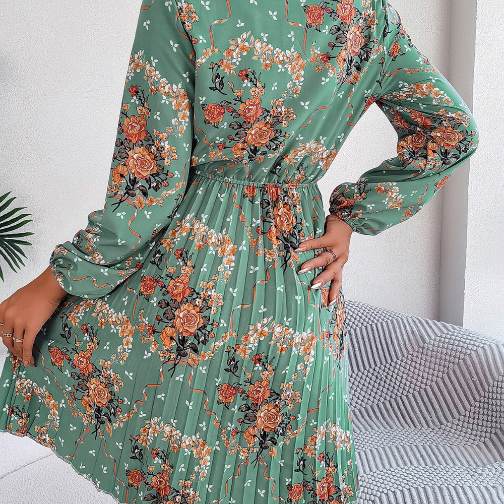 
                      
                        Pleated Printed-Tie Neck Long Sleeve Dress
                      
                    