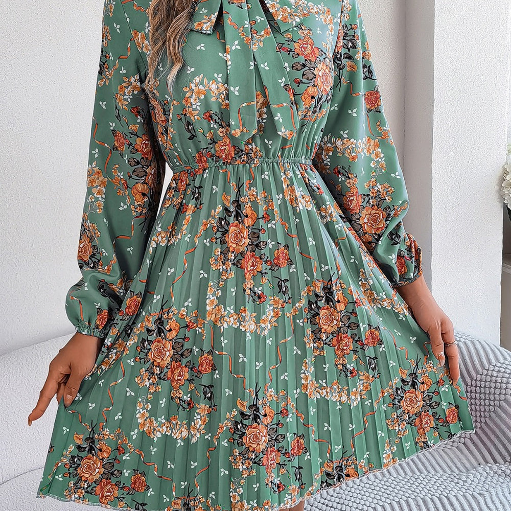 
                      
                        Pleated Printed-Tie Neck Long Sleeve Dress
                      
                    