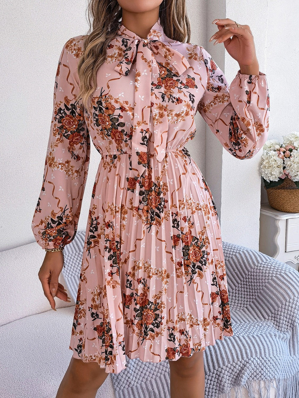 Pleated Printed-Tie Neck Long Sleeve Dress