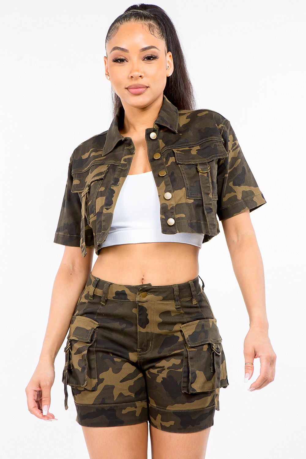 Camouflage Short Sleeve Cropped Jacket