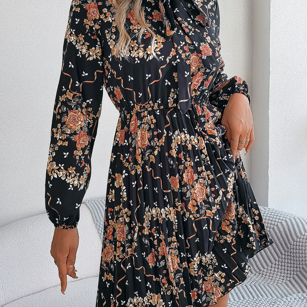 
                      
                        Pleated Printed-Tie Neck Long Sleeve Dress
                      
                    