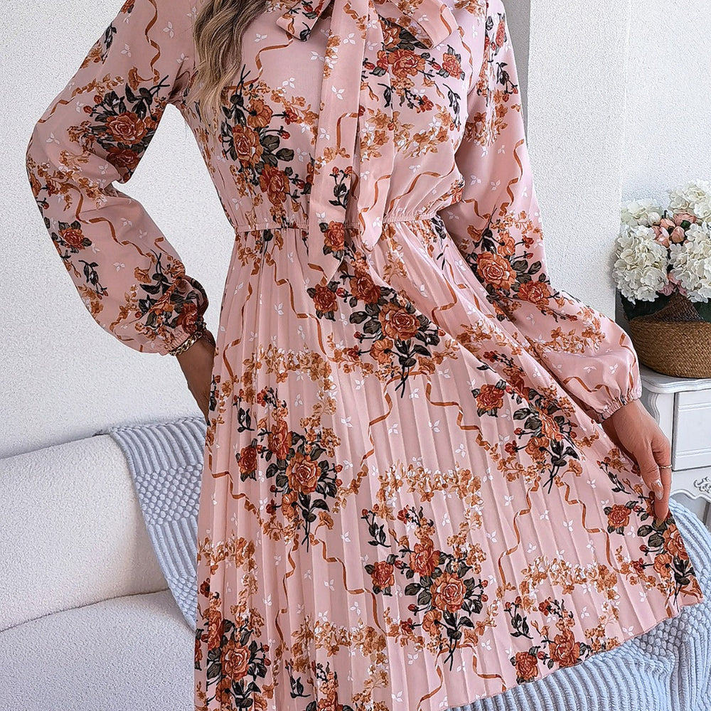 
                      
                        Pleated Printed-Tie Neck Long Sleeve Dress
                      
                    