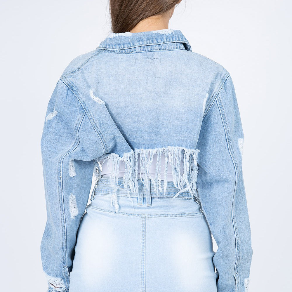 
                      
                        Distressed Denim Jacket with Frayed Hem
                      
                    