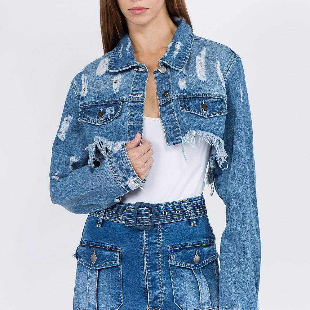 
                      
                        Distressed Denim Jacket with Frayed Hem
                      
                    