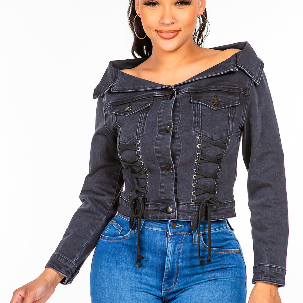 
                      
                        Off Shoulder Lace Up Denim Jacket
                      
                    