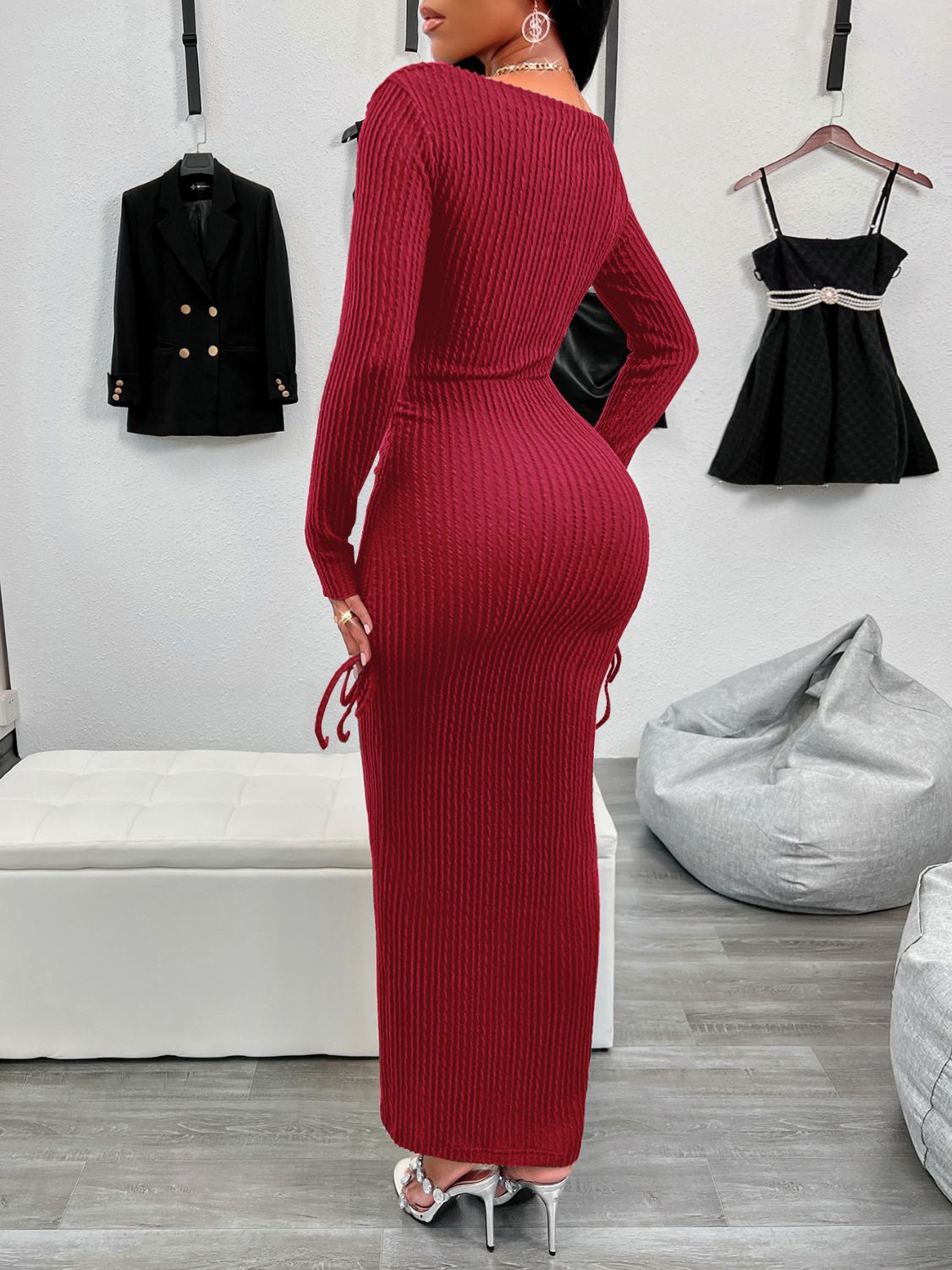 Drawstring Textured Long Sleeve Dress