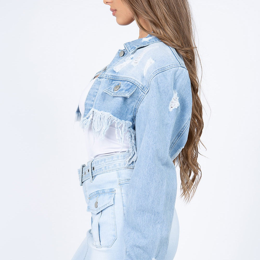 
                      
                        Distressed Denim Jacket with Frayed Hem
                      
                    