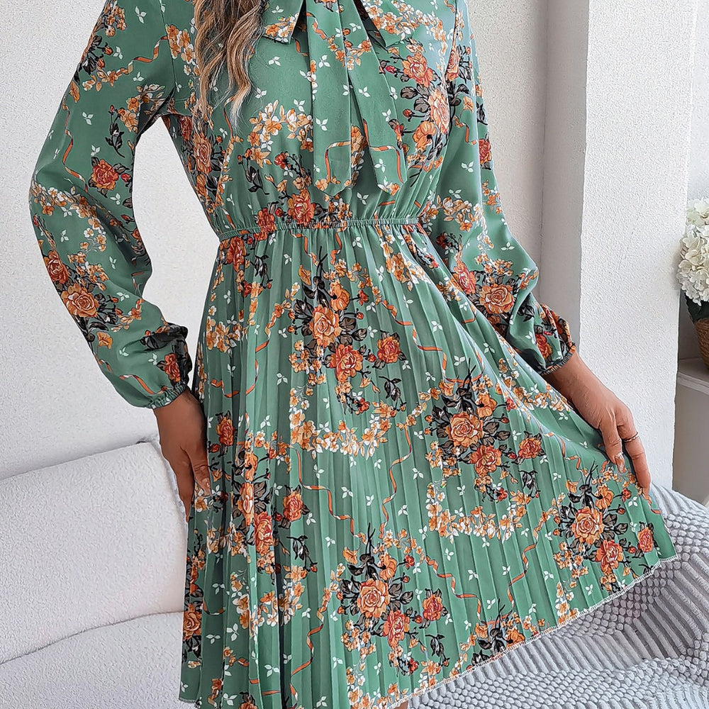 
                      
                        Pleated Printed-Tie Neck Long Sleeve Dress
                      
                    