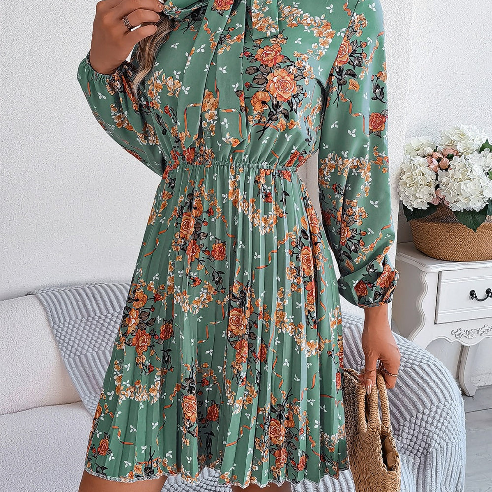 
                      
                        Pleated Printed-Tie Neck Long Sleeve Dress
                      
                    