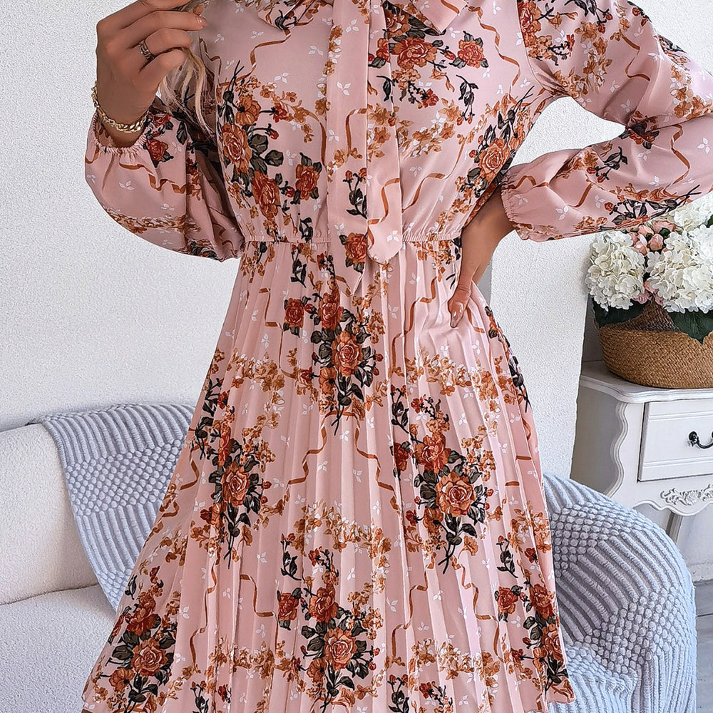 
                      
                        Pleated Printed-Tie Neck Long Sleeve Dress
                      
                    