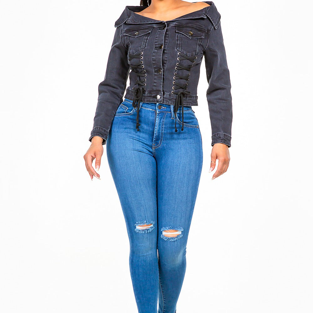 
                      
                        Off Shoulder Lace Up Denim Jacket
                      
                    