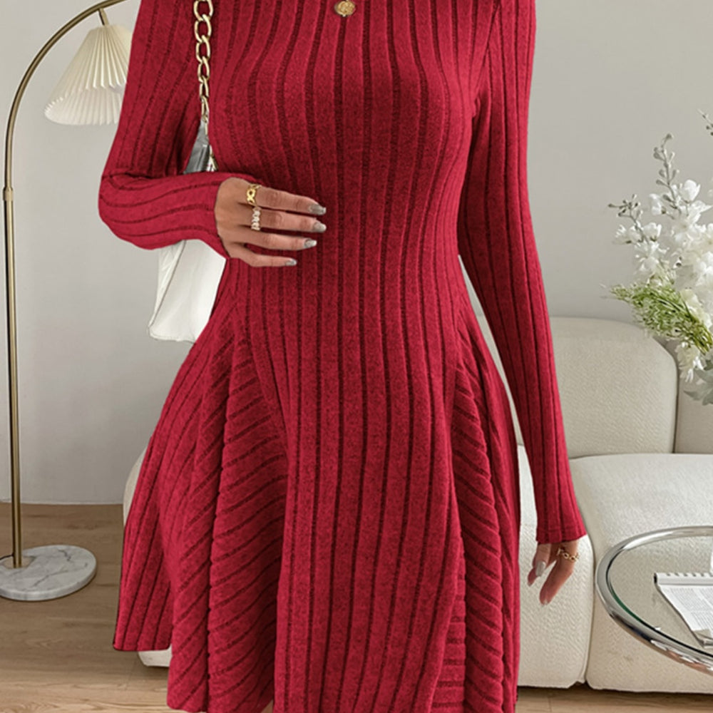 Ribbed Round Neck Long Sleeve Dress