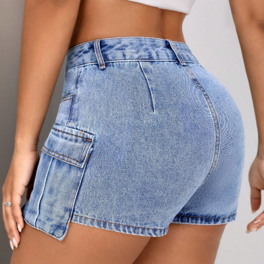 
                      
                        Mid-Rise Waist Denim Shorts with Pockets
                      
                    