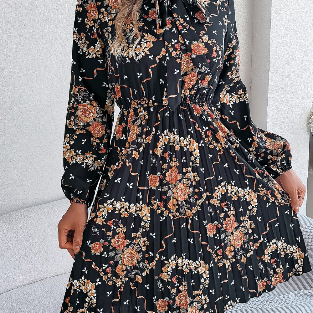 
                      
                        Pleated Printed-Tie Neck Long Sleeve Dress
                      
                    