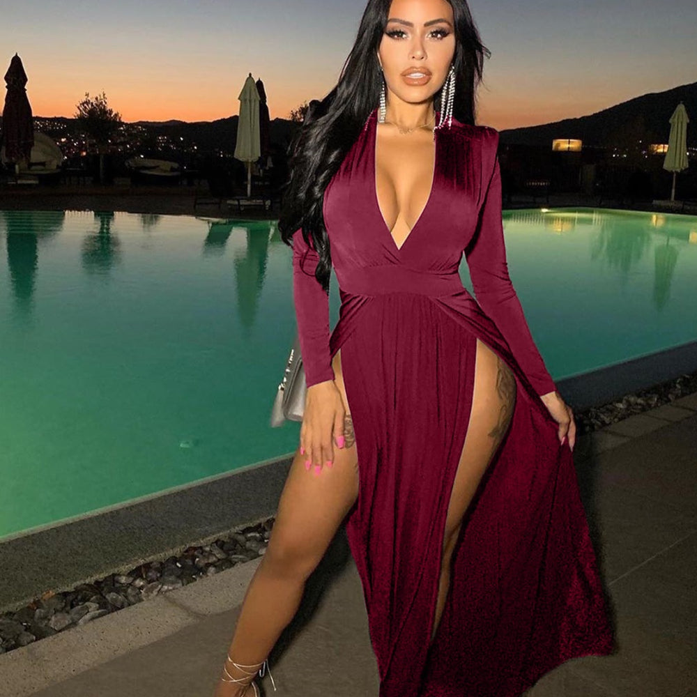 Slit Plunge Long Sleeve Dress