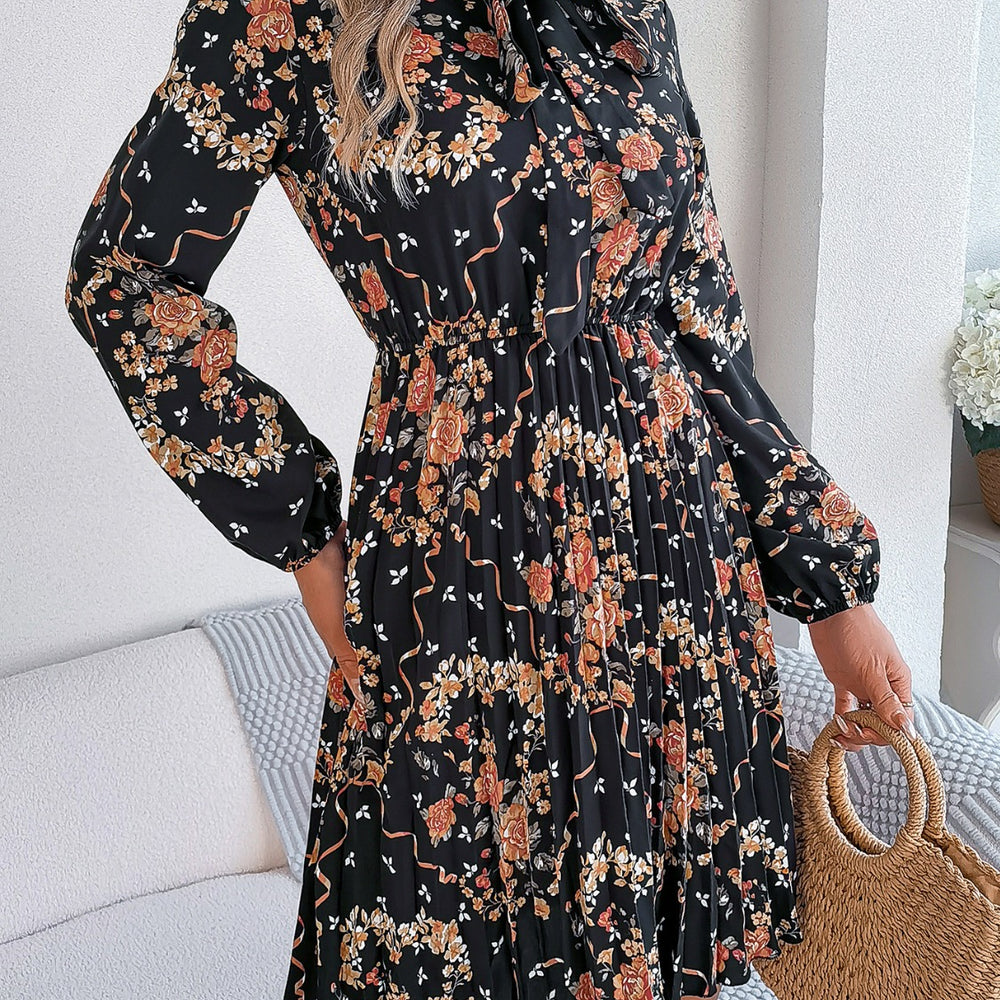 
                      
                        Pleated Printed-Tie Neck Long Sleeve Dress
                      
                    