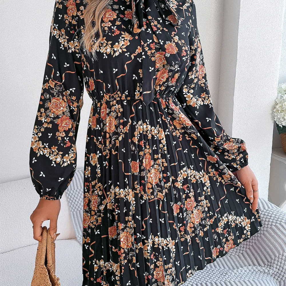 
                      
                        Pleated Printed-Tie Neck Long Sleeve Dress
                      
                    