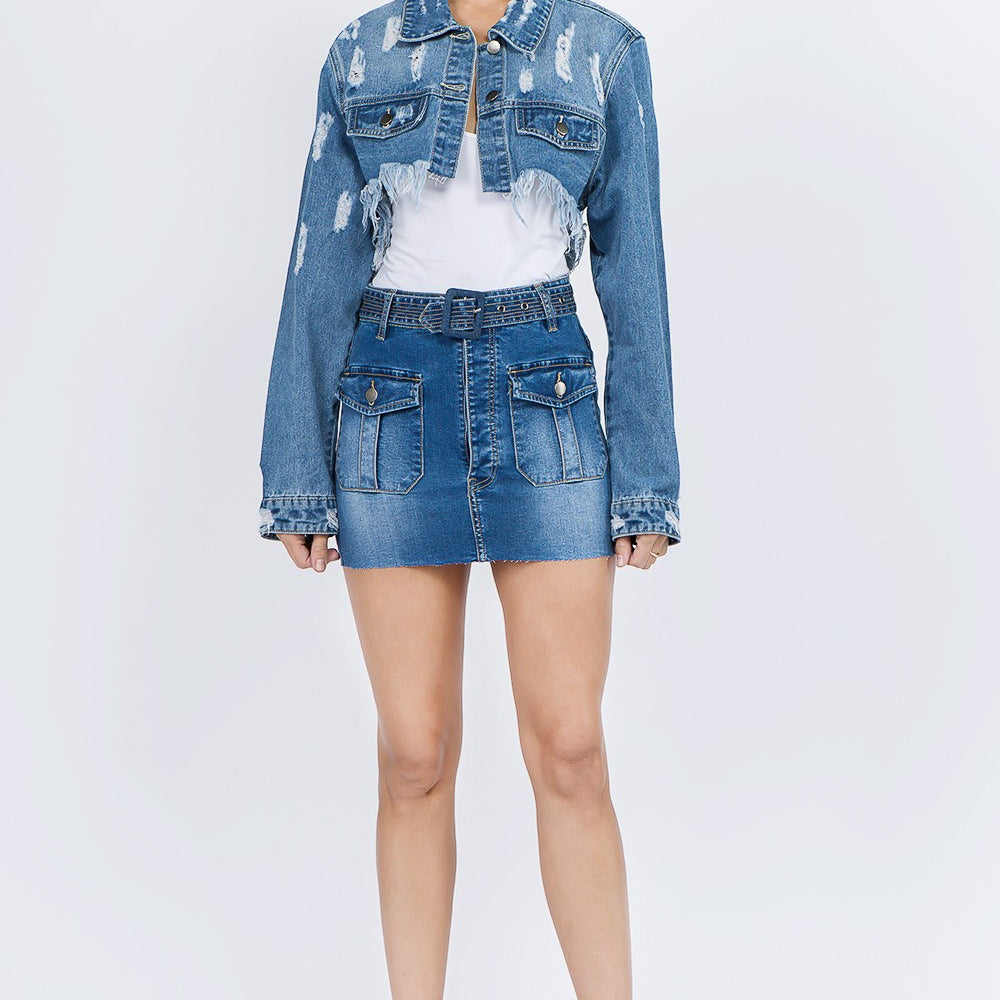 Distressed Denim Jacket with Frayed Hem