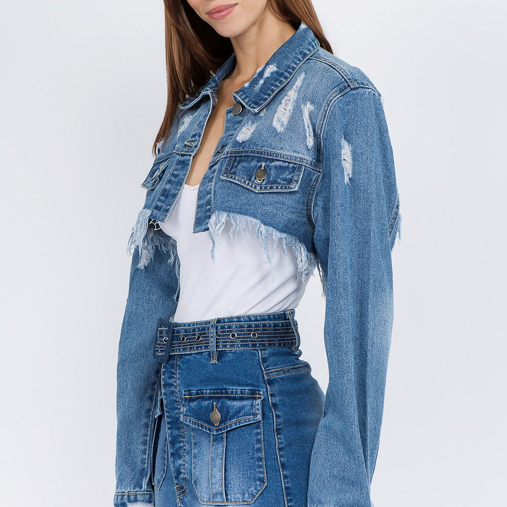 
                      
                        Distressed Denim Jacket with Frayed Hem
                      
                    