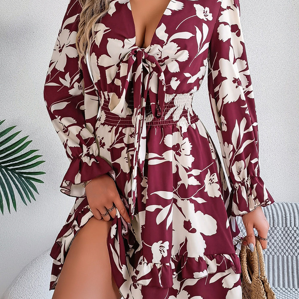 
                      
                        Tied Ruffled Printed Long Sleeve Dress
                      
                    