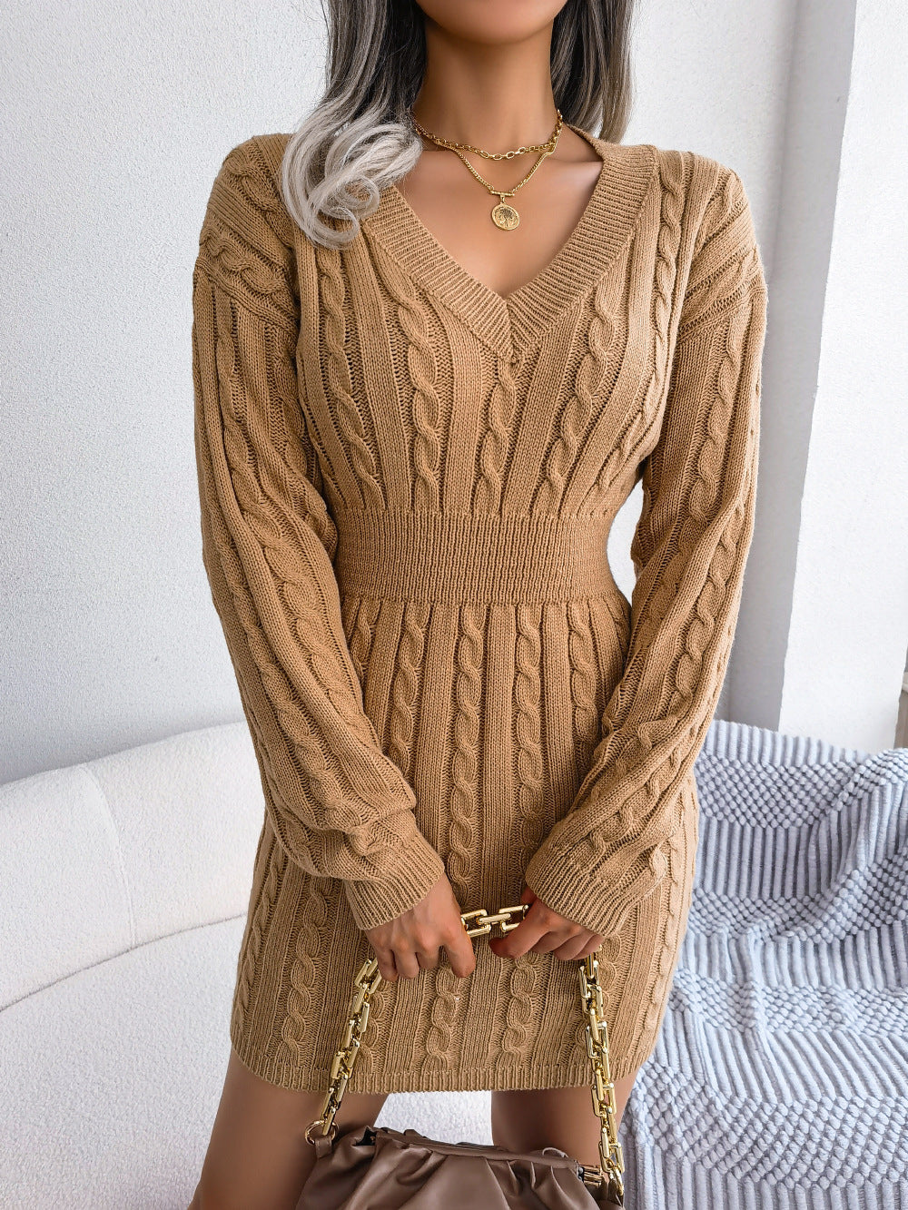 V-Neck Mini Sweater Dress
