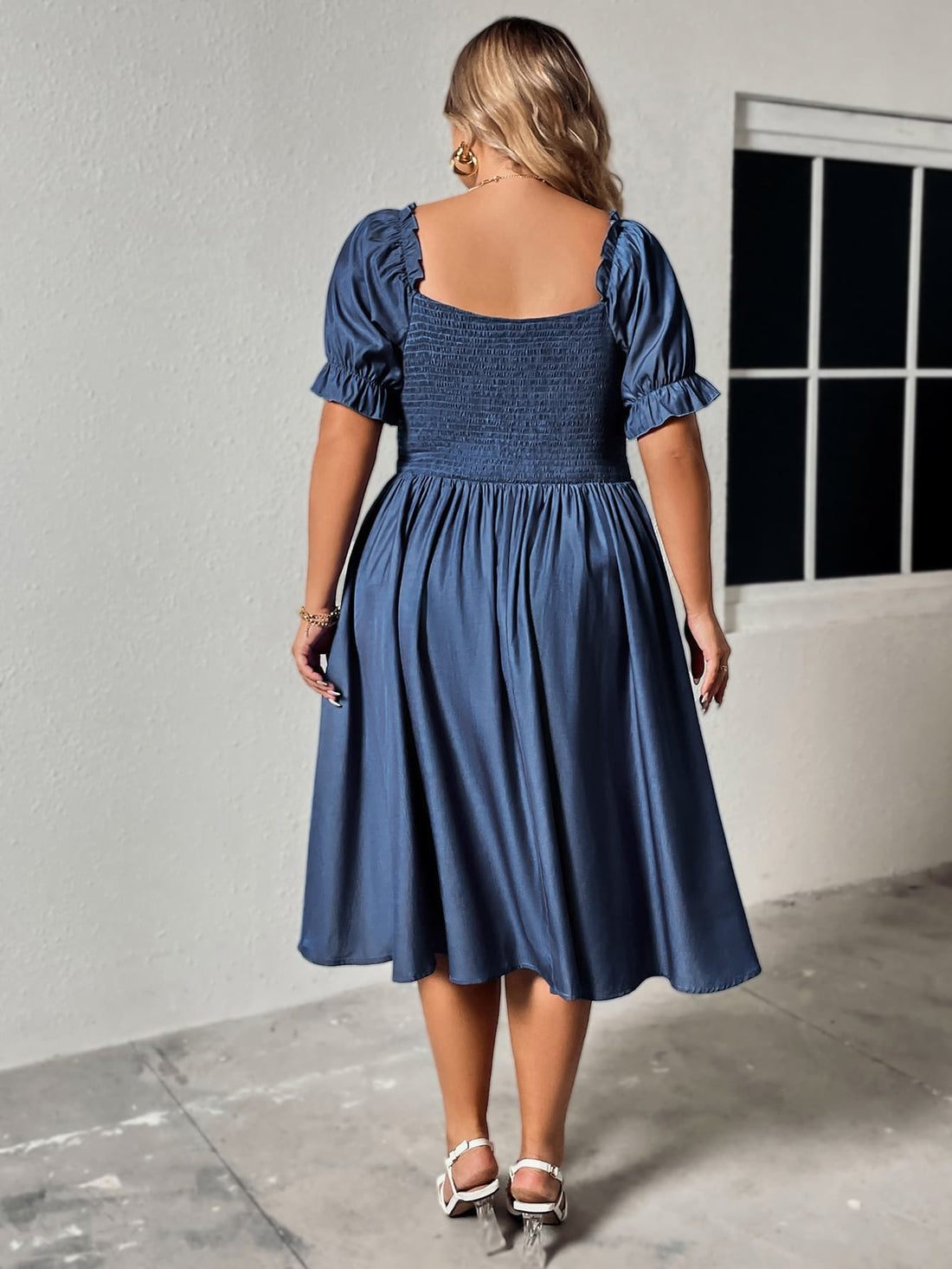 Plus Size Ruched Flounce Sleeves Dress