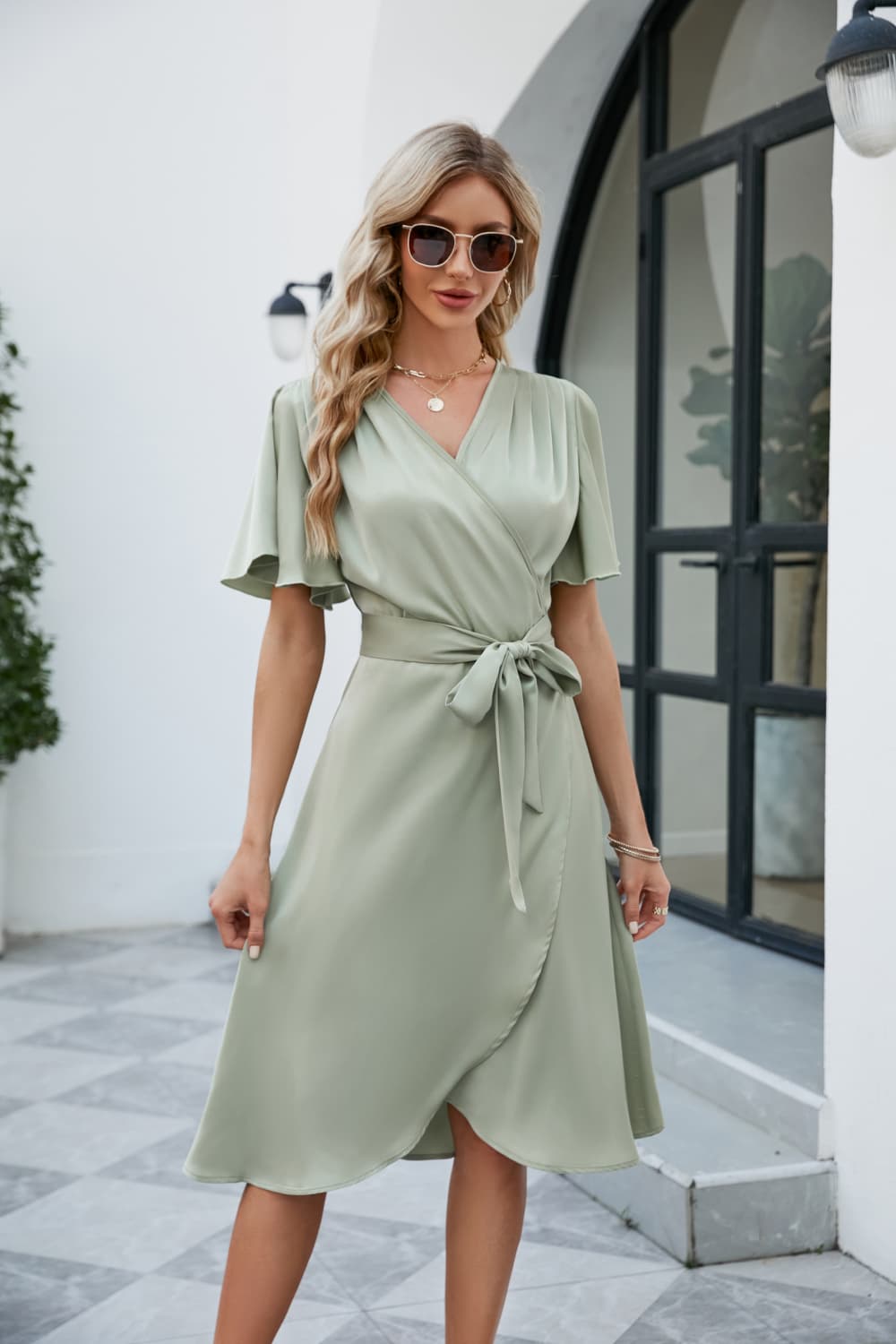 Tie Waist Flutter Sleeve Surplice Dress