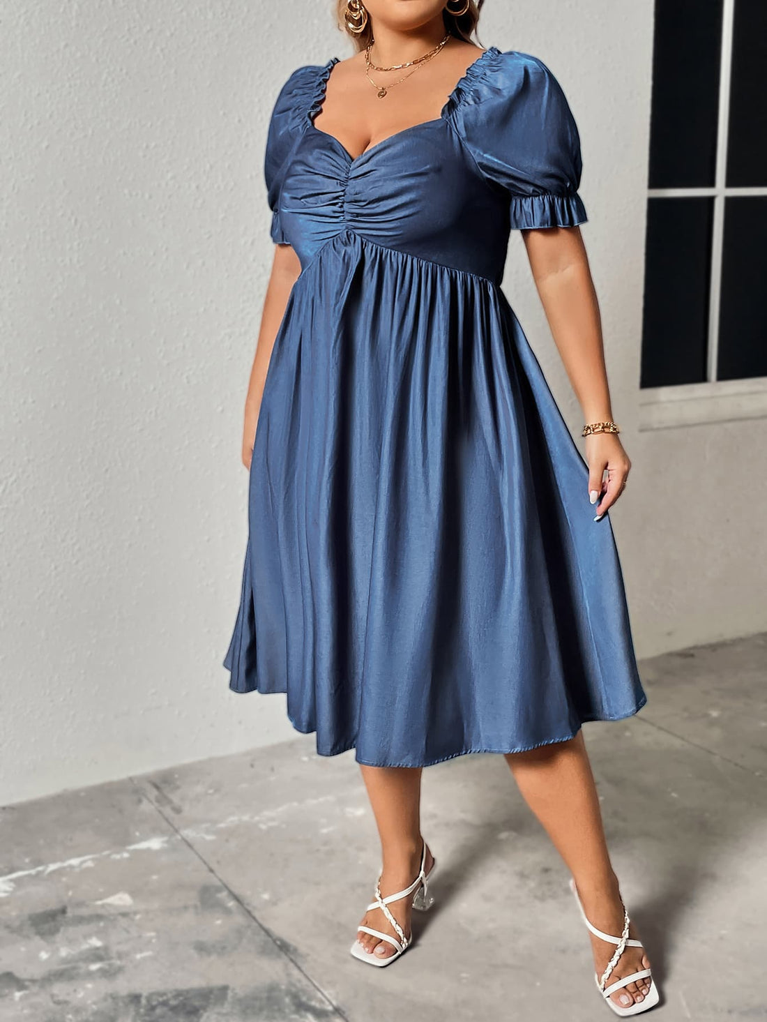Plus Size Ruched Flounce Sleeves Dress