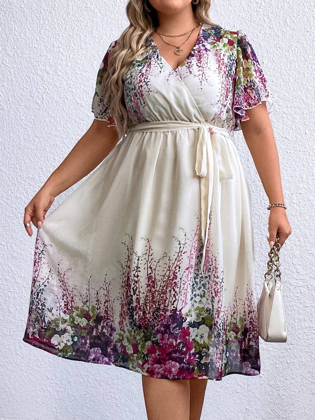 Vestido de cintura con lazo floral de talla grande