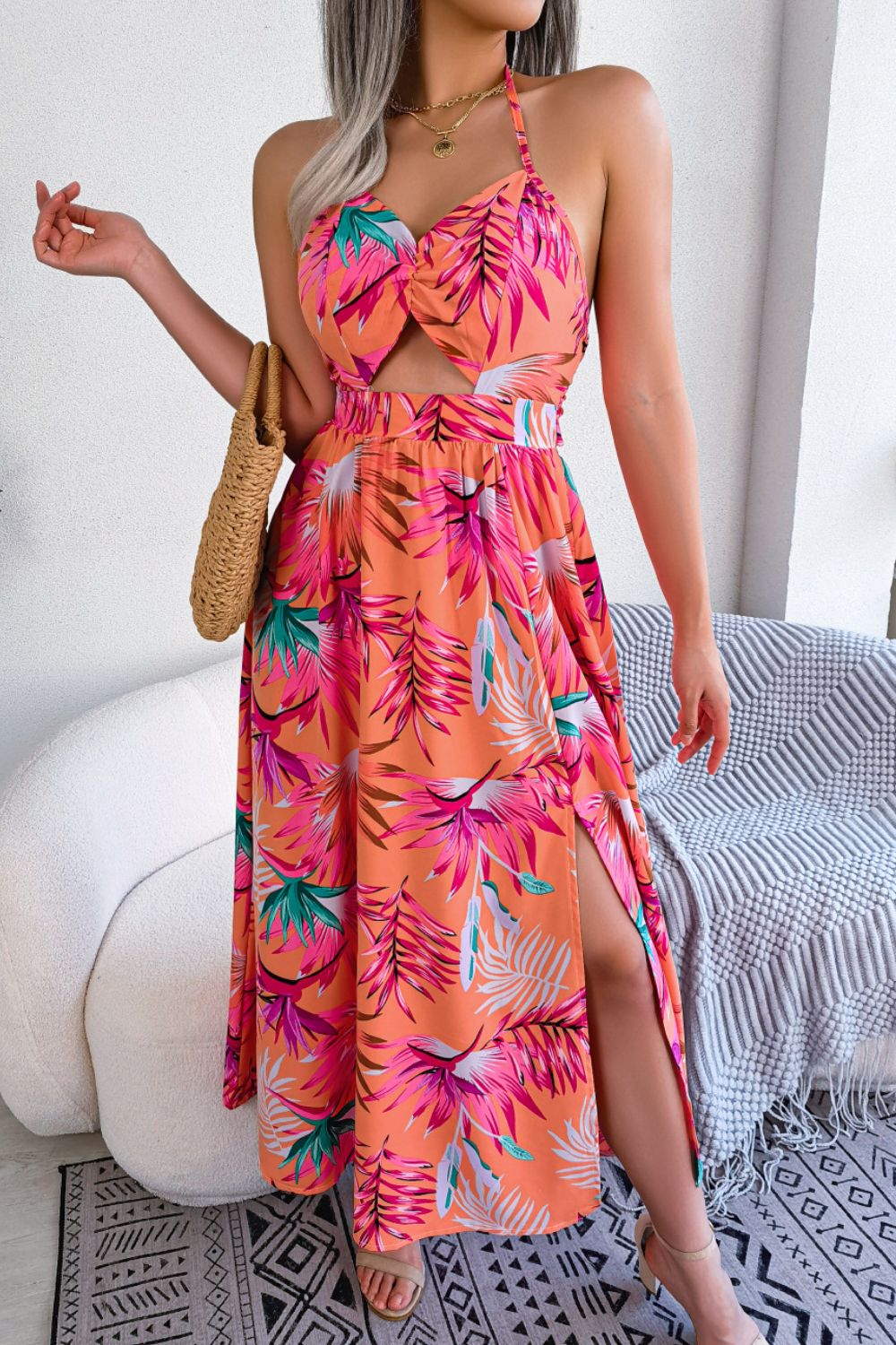 Botanical Tied Backless Cutout Slit Dress