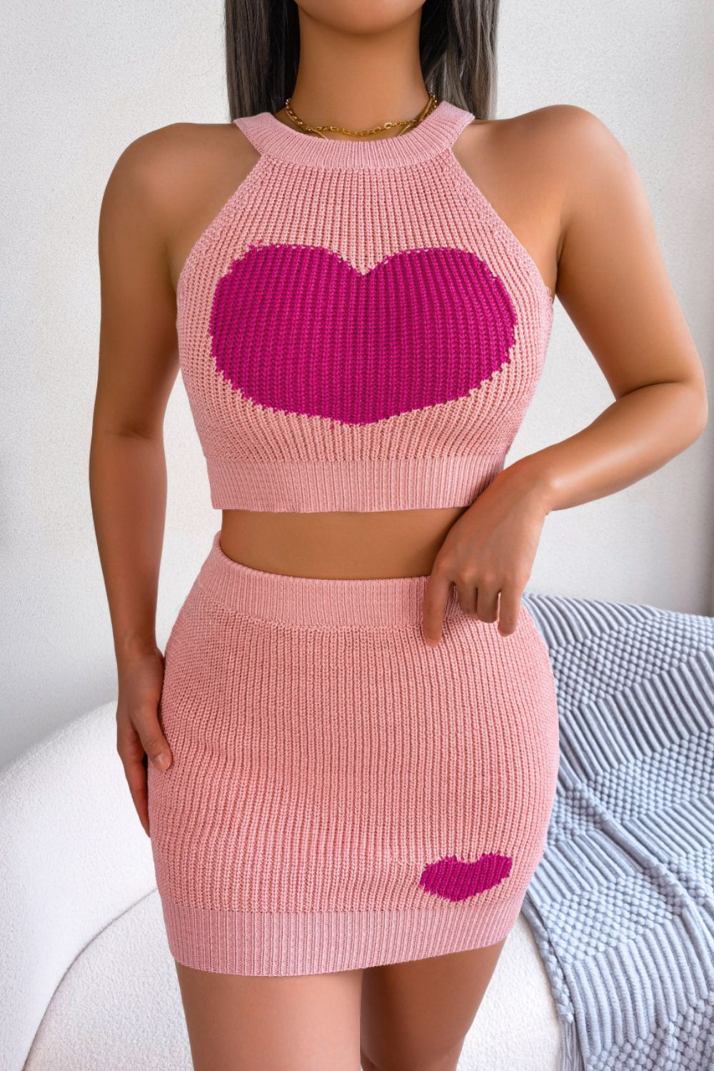 Heart Ribbed Sleeveless Knit Top and Skirt Set
