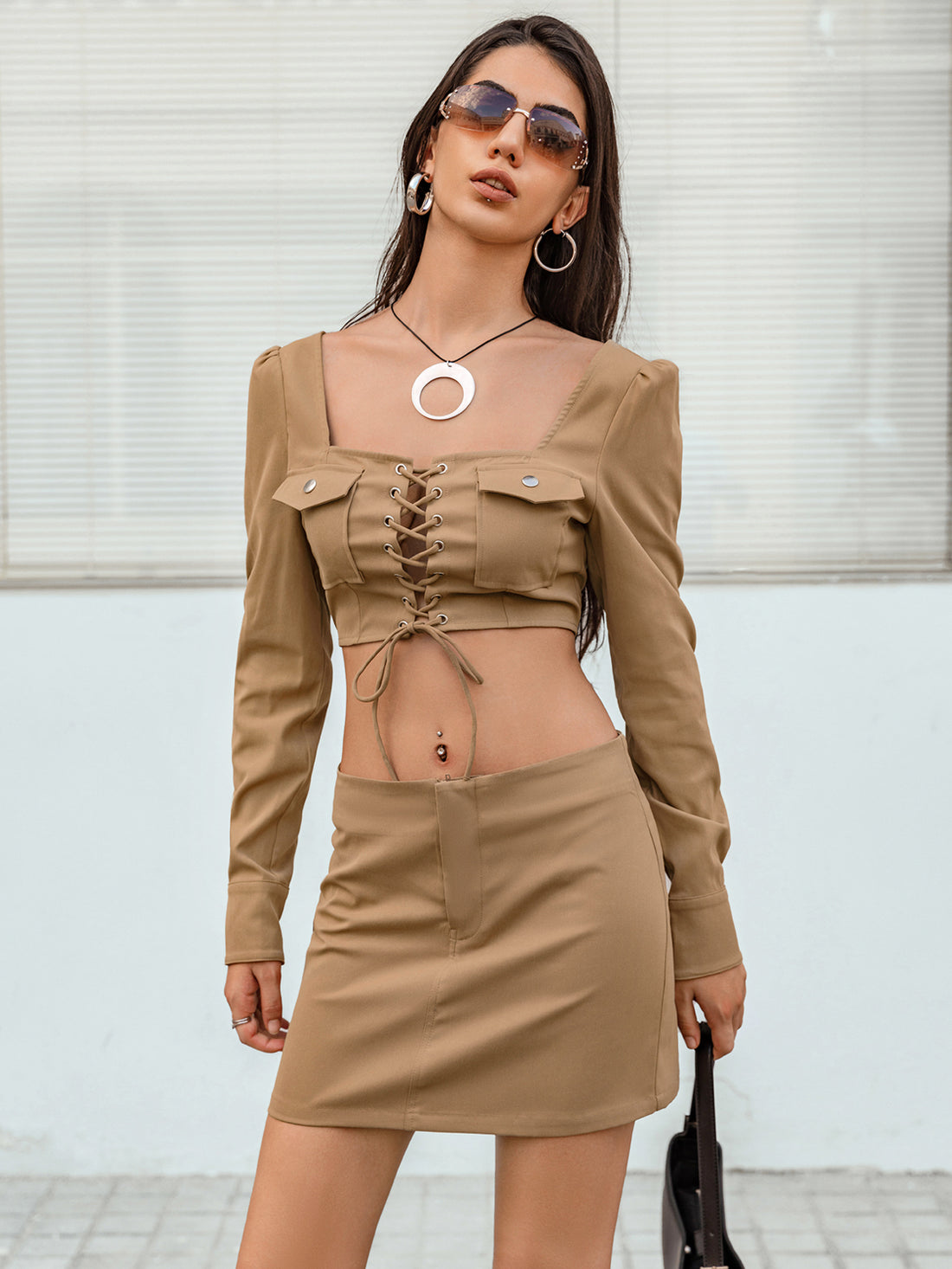 Lace-Up Cropped Top and Skirt Set