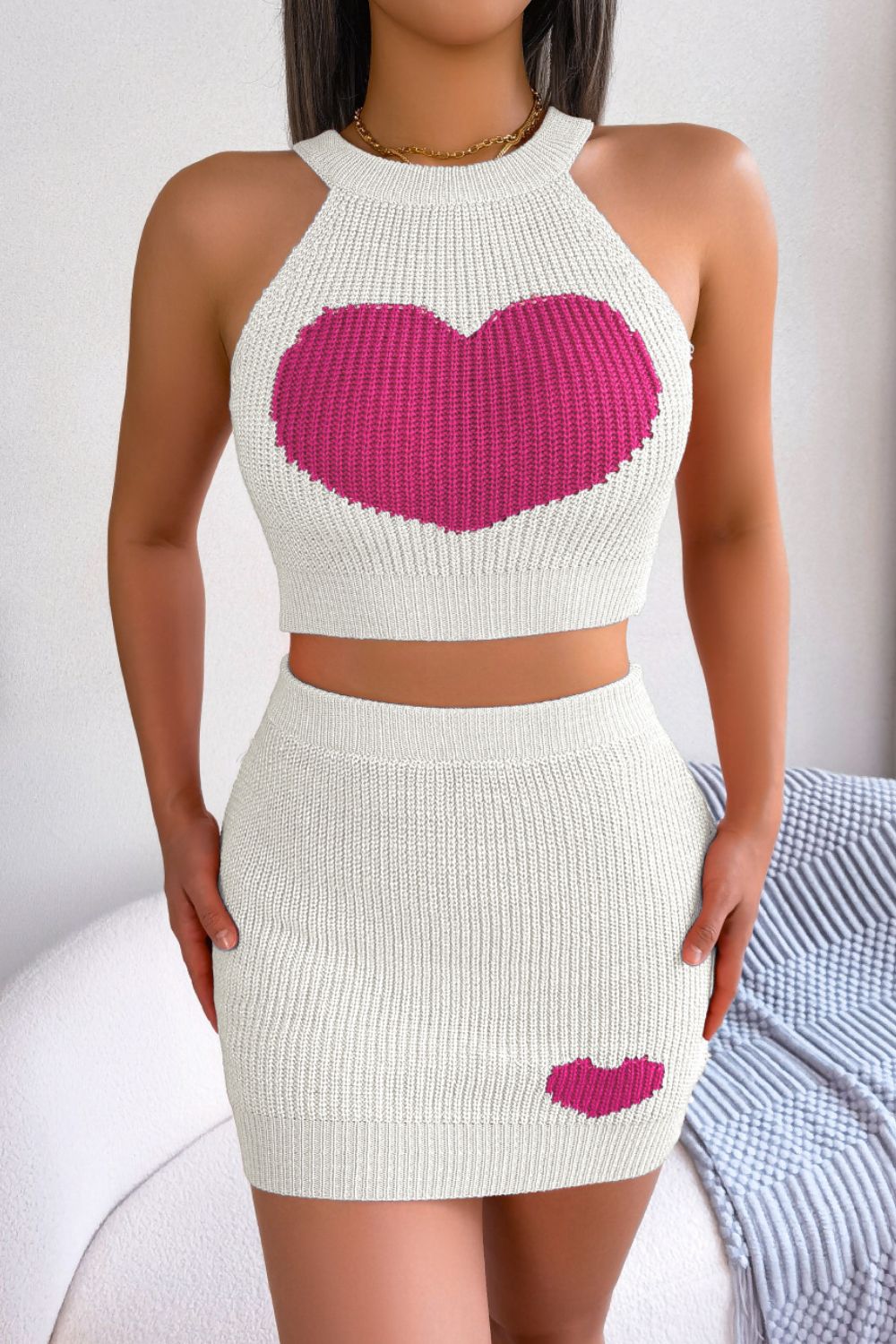 Heart Ribbed Sleeveless Knit Top and Skirt Set